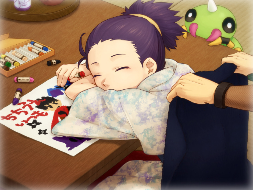 blanket, closed_eyes, crayon, drawing, drawing_(object), fishnet_armwear, gen_1_pokemon, gen_2_pokemon, golbat, highres, holding, holding_crayon, janine_(pokemon), koga_(pokemon), nemoppoi, nintendo, pokemon, pokemon_gold/silver/crystal, ponytail, purple_hair, sleeping, sleeping_upright, solo_focus, spinarak, table