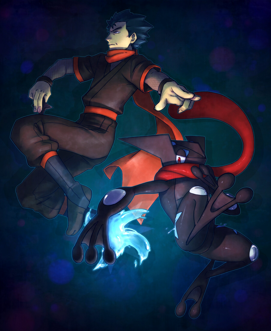 1boy, 1other, alternate_color, black_hair, fishnet_armwear, gen_6_pokemon, greninja, holding