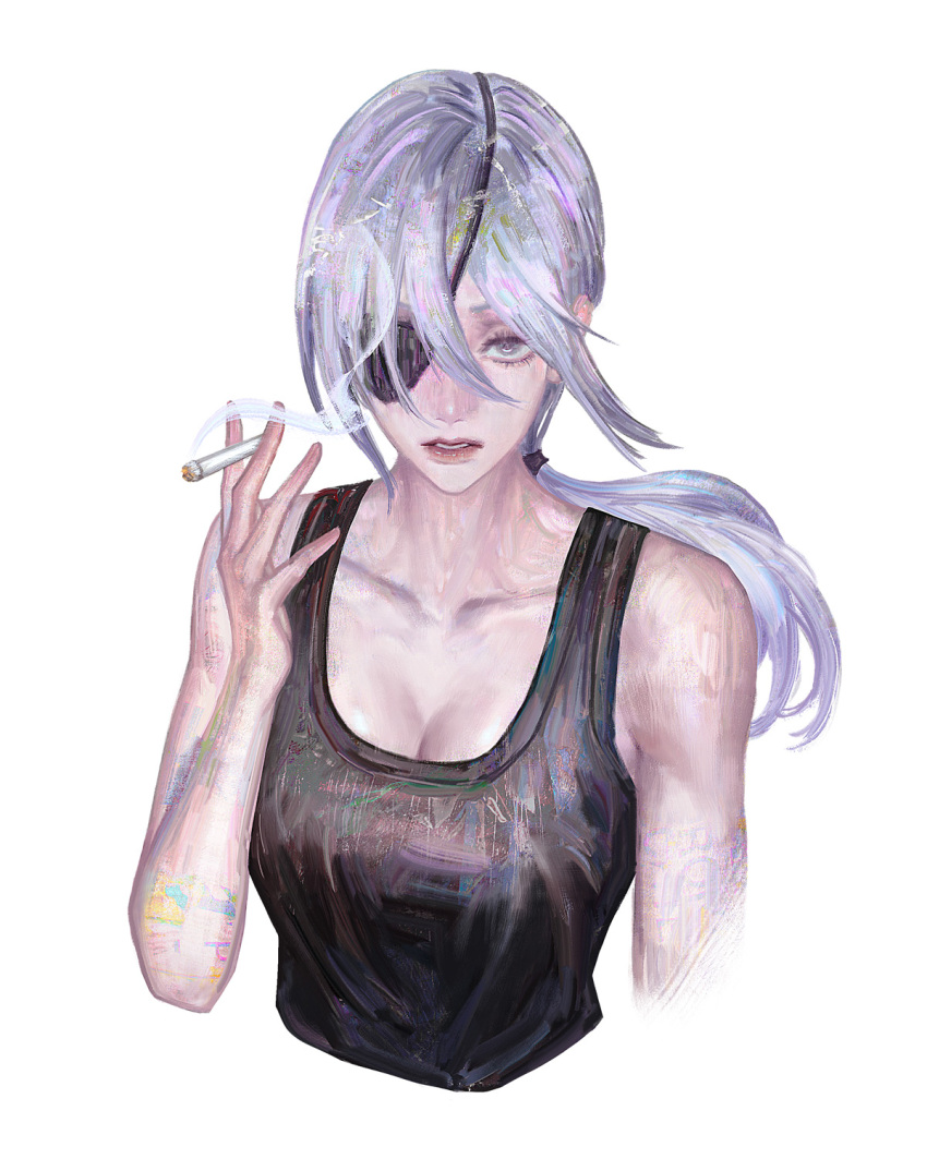 1girl, black_tank_top, chainsaw_man, cigarette, eyepatch, flowersbloodart, grey_hair, highres