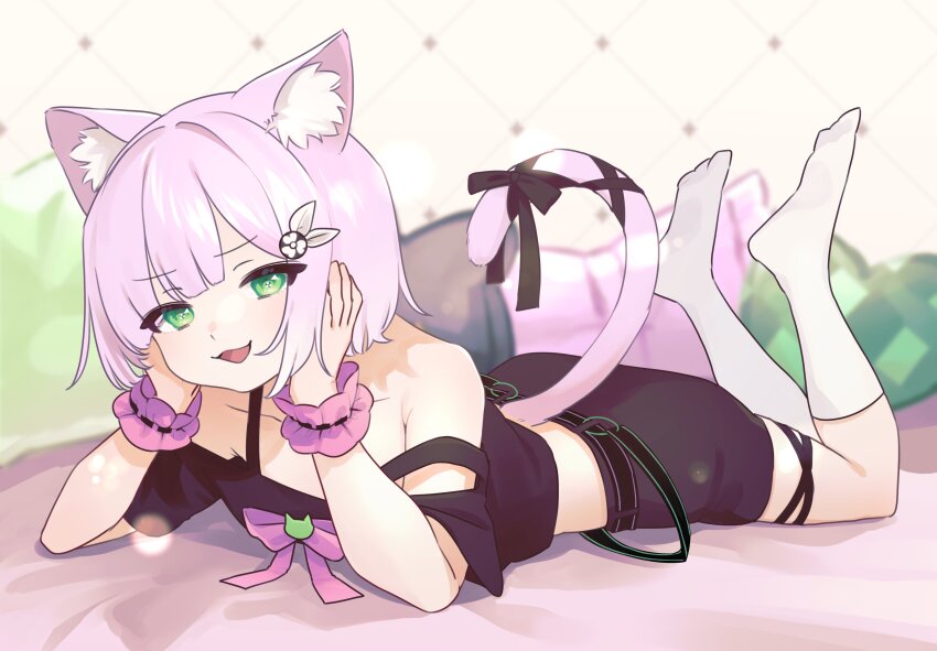 1girl, :d, absurdres, animal_ear_fluff, animal_ears, arm_support, black_shirt, black_shorts, cat_ears, cat_girl, cat_tail, commission, crop_top, cropped_shirt, full_body, green_eyes, head_rest, highres, indie_virtual_youtuber, light_purple_hair, looking_at_viewer, lying, medaka_h2, on_stomach, open_mouth, second-party_source, shirt, short_hair, short_sleeves, shorts, shwaa, skeb_commission, smile, strap_slip, tail, v-shaped_eyebrows, virtual_youtuber, wrist_cuffs