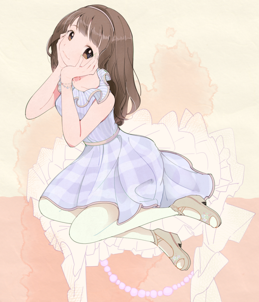 1girl, bare_shoulders, bemani, blue_dress, bracelet, brown_eyes, brown_hair, collarbone