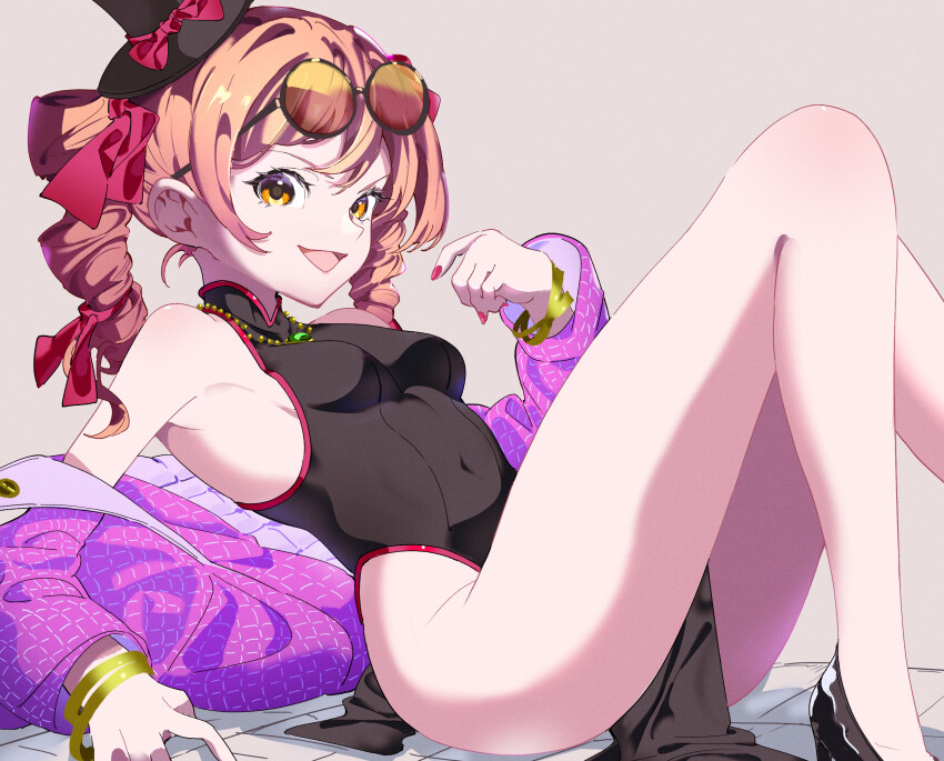 1girl, :d, alternate_costume, bare_legs, bare_shoulders, black_dress, black_footwear, black_hat, bracelet, commentary_request, dress, drill_hair, feet_out_of_frame, hand_up, hat, highres, jacket, jewelry, knees_up, light_brown_hair, long_hair, looking_at_viewer, mizoreshi, off_shoulder, open_mouth, pelvic_curtain, pink_nails, purple_jacket, round_eyewear, simple_background, sleeveless, sleeveless_dress, smile, solo, sunglasses, tan_background, tilted_headwear, tinted_eyewear, top_hat, touhou, twin_drills, yellow-tinted_eyewear, yellow_eyes, yorigami_jo'on