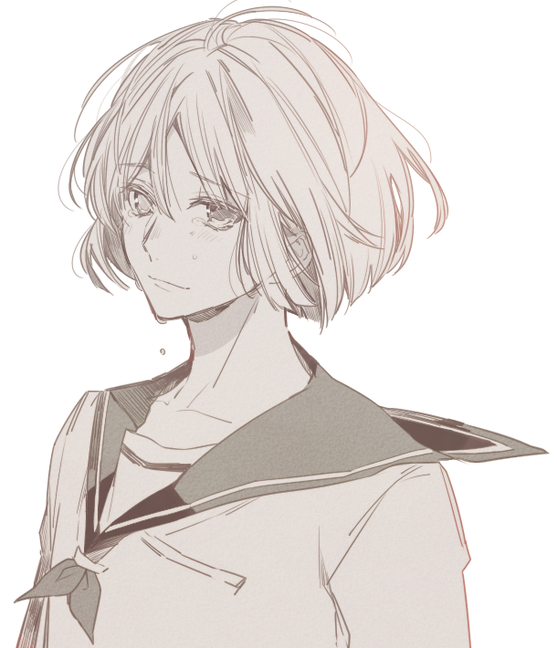 1boy, 5574iahu, androgynous, closed_mouth, crying, crying_with_eyes_open, greyscale, heterochromia