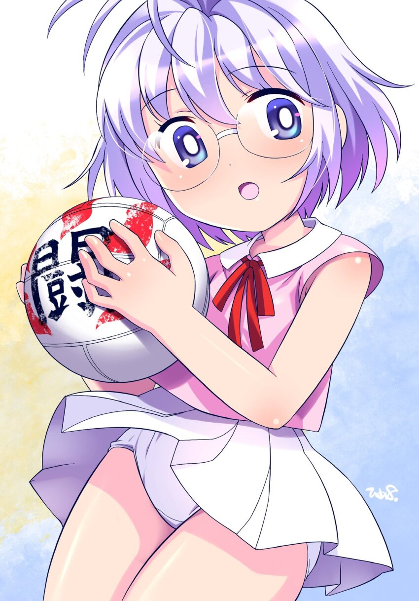 1girl, antenna_hair, ball, blue_eyes, female_focus, glasses, highres, himehachi_(hime8manga), honoo_no_toukyuujo:_dodge_danko, kobotoke_chinko, loli, looking_at_viewer, miniskirt, open_mouth, panties, pantyshot, pink_hair, pink_shirt, pleated_skirt, shirt, short_hair, short_sleeves, skirt, solo, thighs, underwear, white_panties, white_skirt, wind, wind_lift