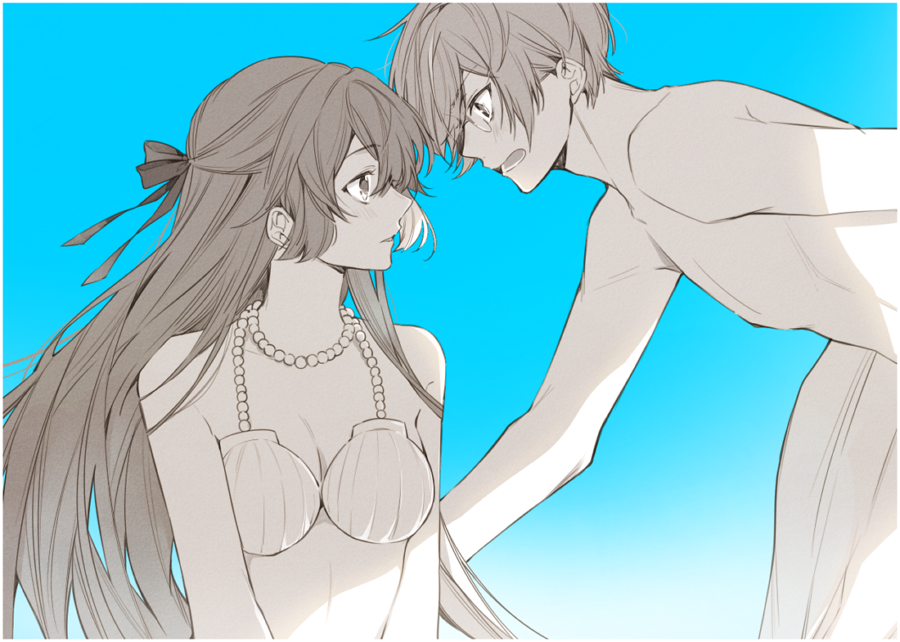 1boy, 1girl, 5574iahu, bikini, blue_background, border, facing_another, glasses, hair_ribbon, half_updo, jewelry, kuze_tsugumi, long_hair, looking_at_another, necklace, nil_admirari_no_tenbin, open_mouth, parted_lips, pearl_necklace, ribbon, shell, shell_bikini, short_hair, topless_male, ukai_shougo, white_border