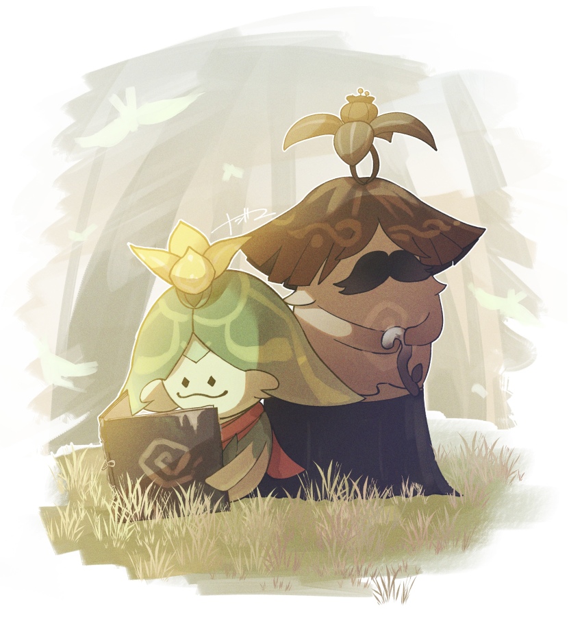 absurdres, araja_(genshin_impact), arama_(genshin_impact), aranara_(genshin_impact), artist_name, book, bug, cane