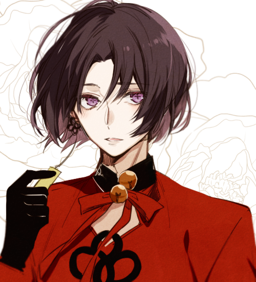 1boy, 5574iahu, androgynous, black_hair, earrings, jewelry, long_sleeves, male_focus, nil_admirari_no_tenbin, open_mouth, purple_eyes, red_shirt, rei_sekka, shirt, short_hair, solo, white_background