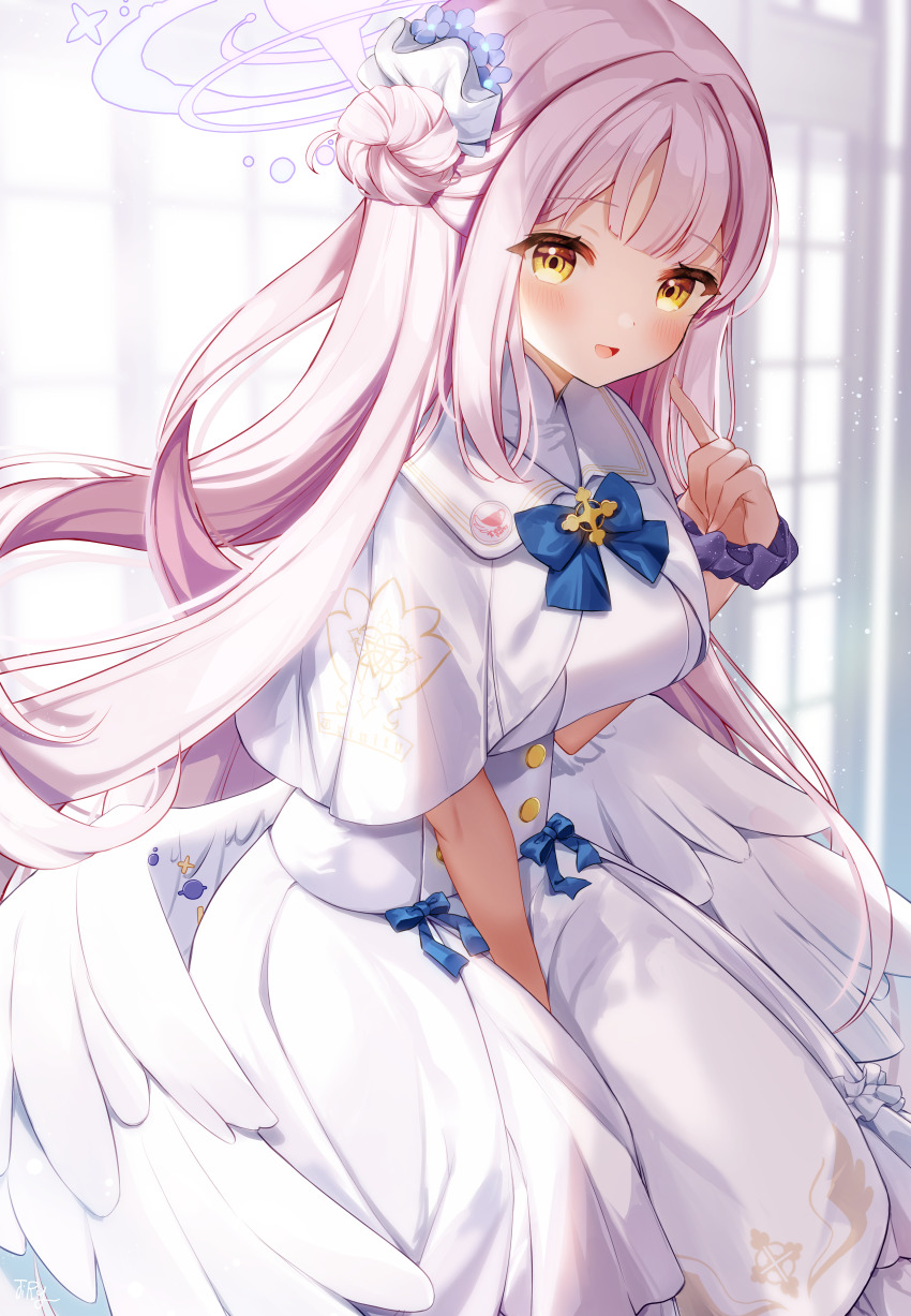 1girl, :d, absurdres, blue_archive, blush, breasts, bunnyjiry_(jirynyang), capelet