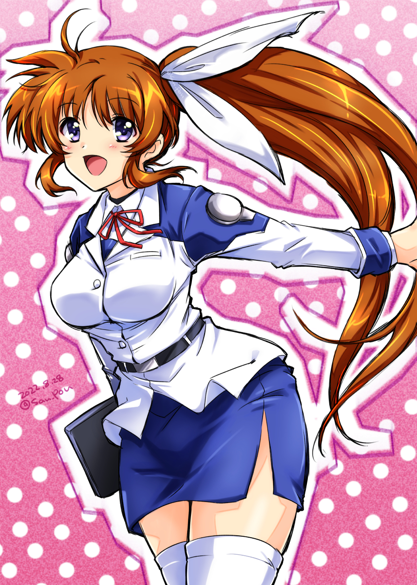 1girl, blue_eyes, blue_skirt, blush, breasts, brown_hair, hair_ribbon, highres