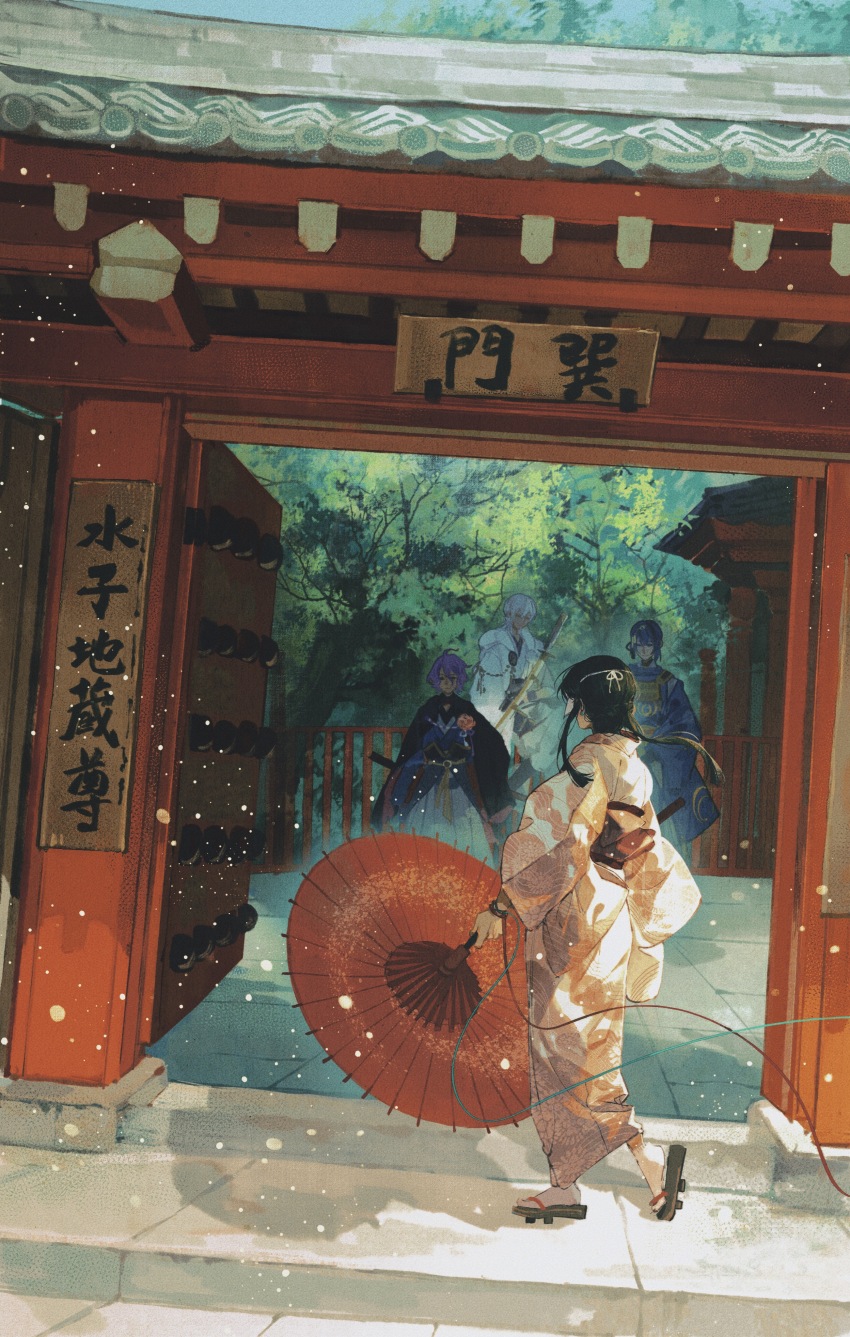 1girl, 3boys, absurdres, architecture, black_cloak, black_hair, blue_hair, blue_kimono, blue_ribbon, cloak, day, dutch_angle, east_asian_architecture, facing_away, female_saniwa_(touken_ranbu), fence, floating_hair, gate, highres, holding, holding_sword, holding_umbrella, holding_weapon, hood, hood_down, japanese_clothes, kariginu, kasen_kanesada, kimono, light_particles, looking_at_another, looking_at_viewer, mask, mengxiaheqing, multiple_boys, obi, oil-paper_umbrella, outdoors, pavement, purple_hair, red_kimono, red_ribbon, ribbon, sandals, saniwa_(touken_ranbu), sash, shadow, sidelocks, standing, string, string_of_fate, sword, touken_ranbu, tree, tsurumaru_kuninaga, umbrella, updo, walking, weapon, white_hair, white_kimono, yukata, zouri