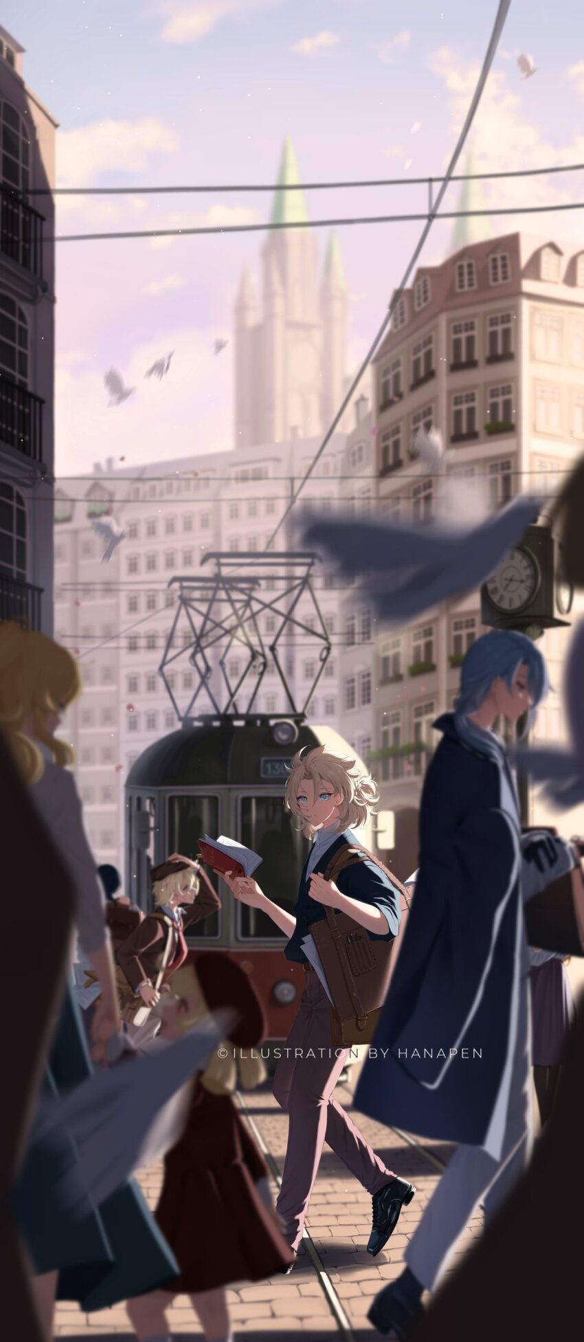 1other, 3girls, 4boys, absurdres, albedo_(genshin_impact), aqua_eyes, arm_up, artist_name