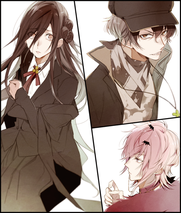 1girl, 2boys, 5574iahu, blazer, brown_eyes, brown_hair, collar_x_malice, facing_to_the_side