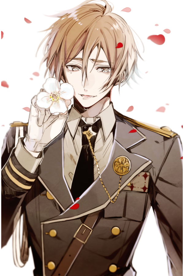1boy, 5574iahu, black_jacket, black_necktie, brown_eyes, brown_hair, collar_x_malice, flower