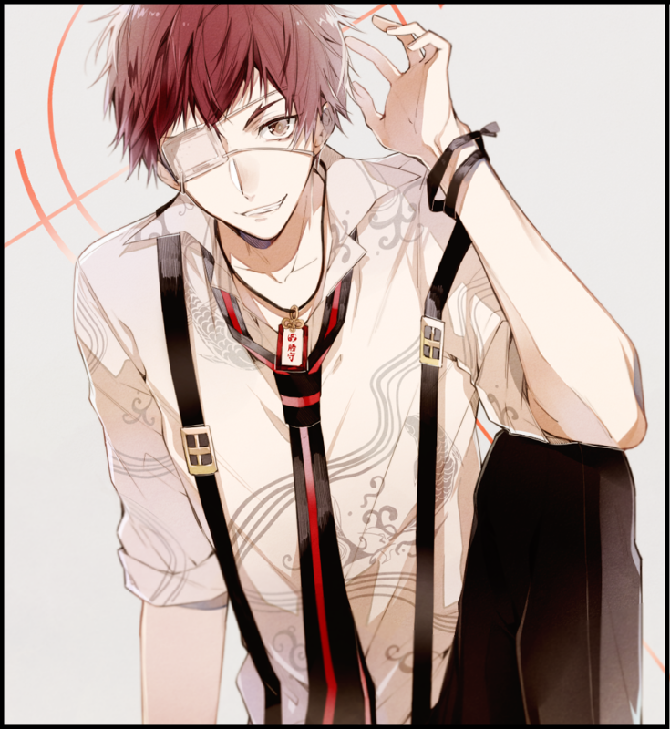1boy, 5574iahu, alternate_hairstyle, brown_eyes, collar_x_malice, enomoto_mineo, eyepatch, grey_background