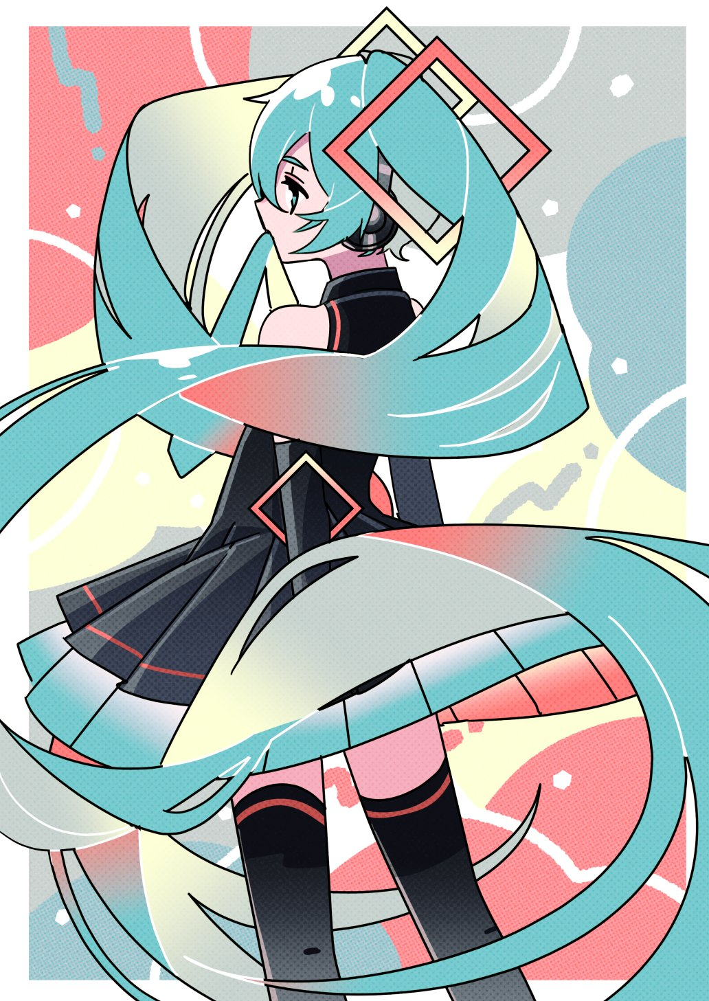 1girl, abstract_background, absurdly_long_hair, alternate_costume, aqua_eyes, aqua_hair, aqua_necktie, black_dress
