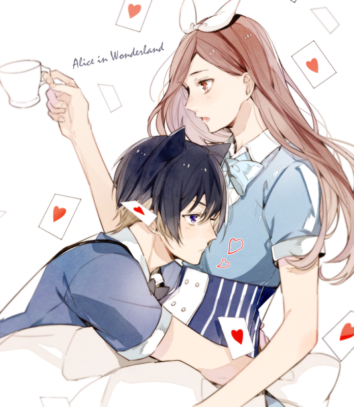 1boy, 1girl, 5574iahu, a3!, alice_(alice_in_wonderland), alice_(alice_in_wonderland)_(cosplay), alice's_adventures_in_wonderland, animal_ears