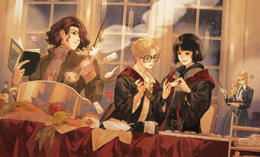 1boy, 3girls, absurdres, androgynous, bag, basket, bell_pepper, black_hair, black_jacket, blonde_hair, blue_eyes, blunt_bangs, bob_cut, book, bottle, bow, bowtie, brown_hair, brown_jacket, candle, carrot, cassandra_vole, character_request, chopsticks, collared_shirt, cooking, cup, dumpling, dutch_angle, earrings, eggplant, floating, floating_object, food, glasses, green_bow, green_bowtie, green_skirt, grey_sweater, gryffindor, hands_up, harry_potter:_magic_awakened, harry_potter_(series), highres, holding, holding_book, holding_food, holding_ladle, holding_wand, indoors, jacket, jewelry, jiaozi, ketchup, ladle, levitation, long_hair, long_sleeves, magic, mengxiaheqing, multiple_girls, night, onion, open_book, pendant, pepper_shaker, reading, salt, salt_shaker, shirt, skirt, slytherin, smile, snow, spoon, squiggle, steam, sweater, tablecloth, tiered_tray, tomato, tomato_slice, tray, turtleneck, turtleneck_sweater, wand, wavy_hair, white_shirt, window, wizarding_world, yunomi