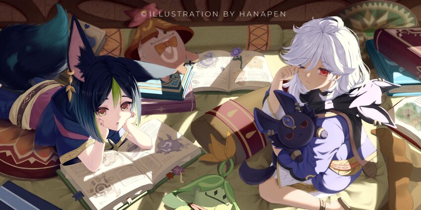 2boys, aged_down, alternate_costume, animal_ear_fluff, animal_ears, arabian_clothes, arama_(genshin_impact), aranara_(genshin_impact)