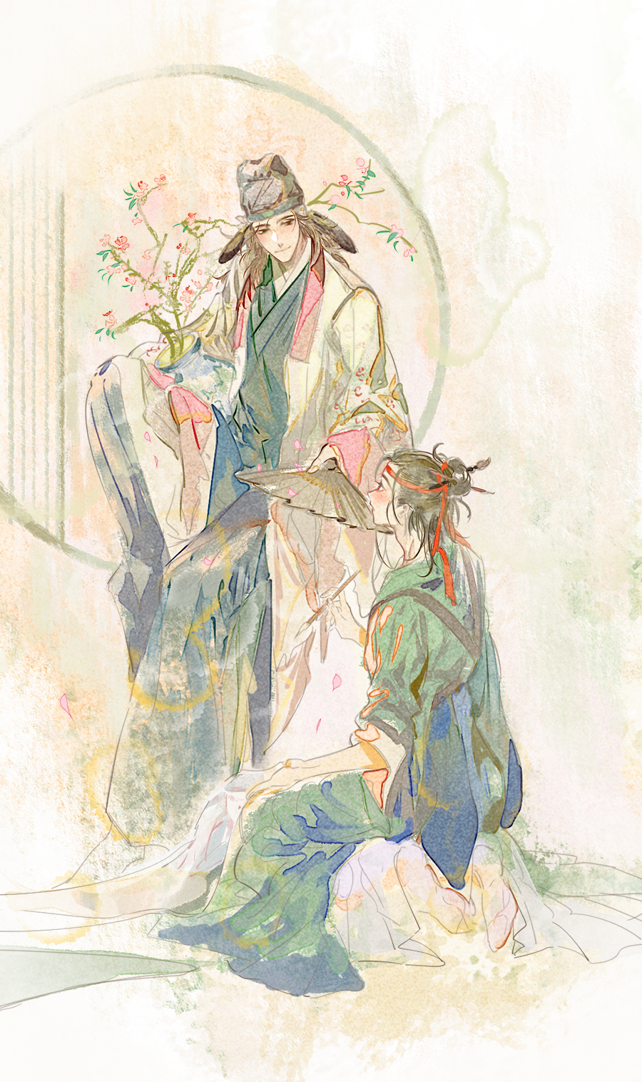 2boys, black_hair, blue_robe, branch, brown_hair, chinese_clothes, coat, flower