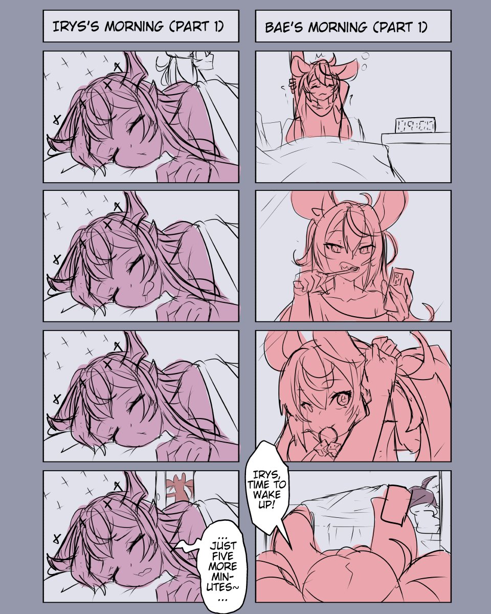 2girls, 4koma, alarm_clock, animal_ears, brushing_teeth, cellphone, clock, comic