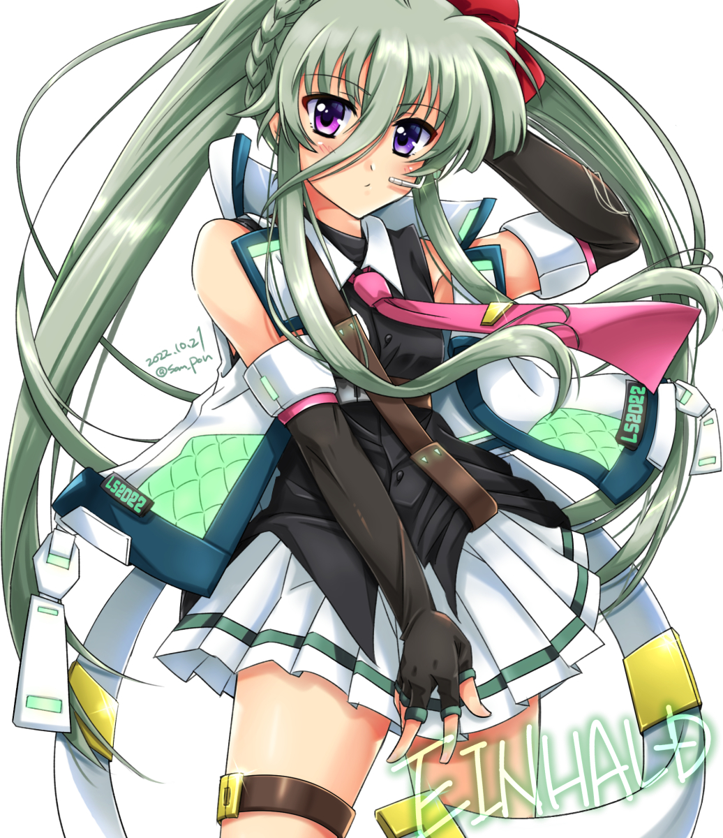 armpit_peek, artist_name, black_gloves, blush, braid, closed_mouth, dated, einhard_stratos