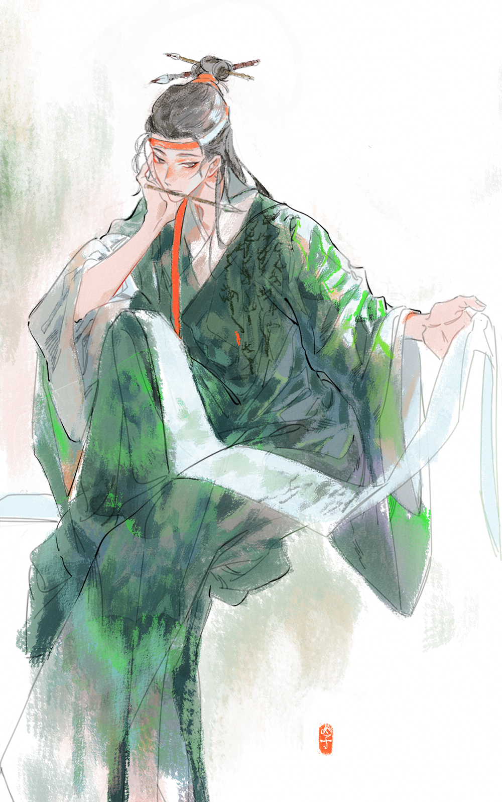 1boy, black_hair, chinese_clothes, clothes_writing, eyeliner, feet_out_of_frame, green_robe, hair_pulled_back