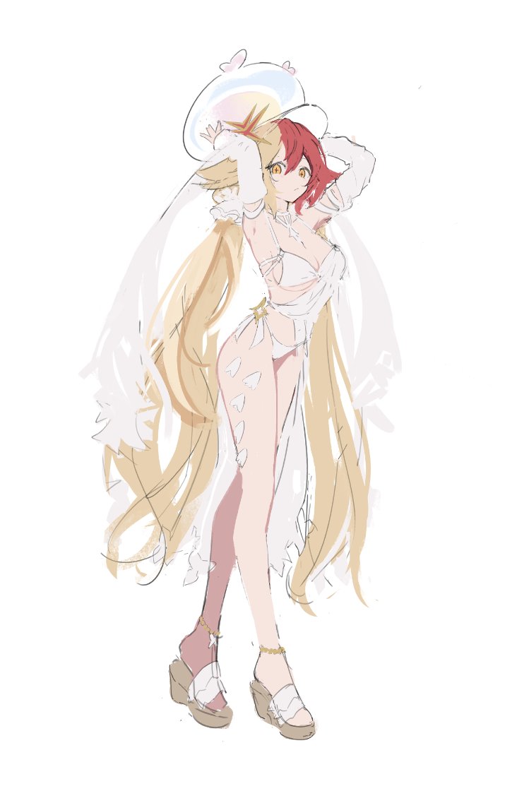 1girl, alchemy_stars, arms_up, bikini, blonde_hair, breasts, brown_sandals, cleavage