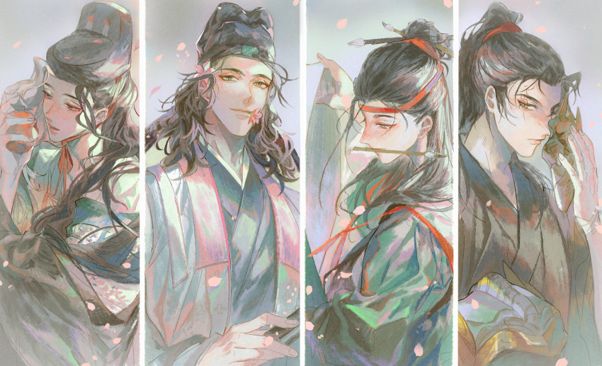 4boys, androgynous, black_hair, blue_robe, brown_eyes, brown_hair, chinstrap, chinese_clothes