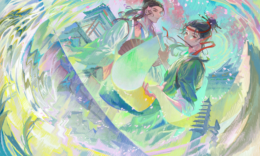 2boys, architecture, black_hair, black_headwear, blue_robe, brown_hair, chinese_clothes, dutch_angle