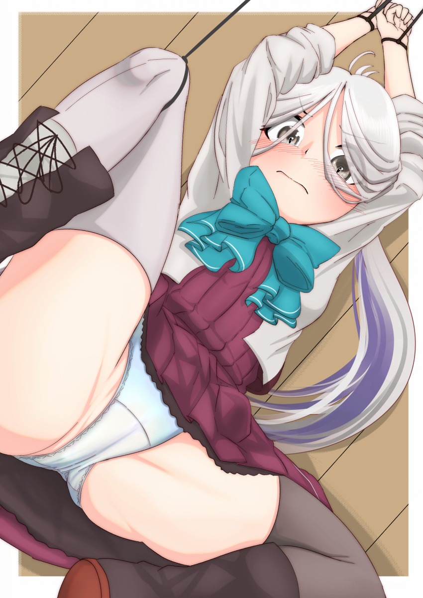 1girl, absurdres, ahoge, aqua_bow, aqua_bowtie, asashimo_(kancolle), asashimo_kai_ni_(kancolle), asymmetrical_legwear, black_boots, black_thighhighs, blue_panties, blush, boots, bow, bowtie, cameltoe, dress, gradient_hair, grey_eyes, grey_hair, grey_thighhighs, hair_over_one_eye, highres, kantai_collection, kirisame0729, long_hair, mismatched_legwear, multicolored_hair, panties, pleated_dress, ponytail, purple_dress, purple_hair, school_uniform, shirt, solo, spread_legs, thighhighs, underwear, white_shirt