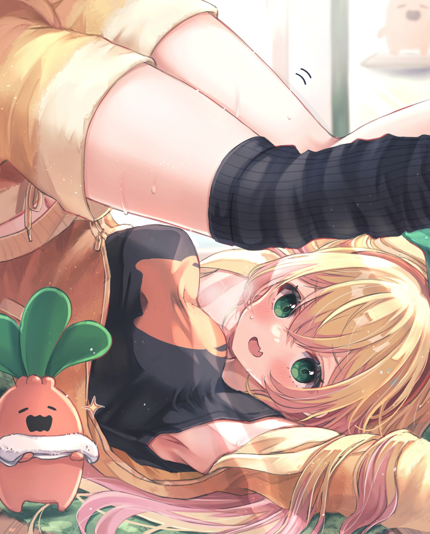 1girl, absurdres, armpits, arms_up, black_shirt, black_socks, blonde_hair, blush