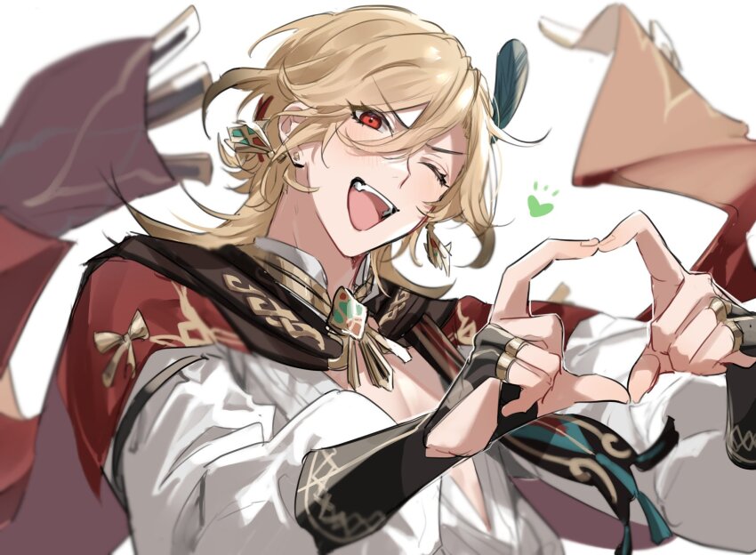 1boy, ;d, black_gloves, blonde_hair, blush, cape, commentary, earrings, eyelashes, feather_hair_ornament, feathers, fingerless_gloves, genshin_impact, gloves, gold_trim, hair_between_eyes, hair_ornament, hands_up, head_tilt, heart, heart_hands, highres, jewelry, kaveh_(genshin_impact), long_hair, long_sleeves, looking_at_viewer, male_focus, necklace, one_eye_closed, open_mouth, parted_bangs, poyapoya_c, puffy_long_sleeves, puffy_sleeves, red_cape, red_eyes, shirt, sidelocks, simple_background, smile, solo, tassel, teeth, upper_body, upper_teeth_only, v-shaped_eyebrows, white_background, white_shirt