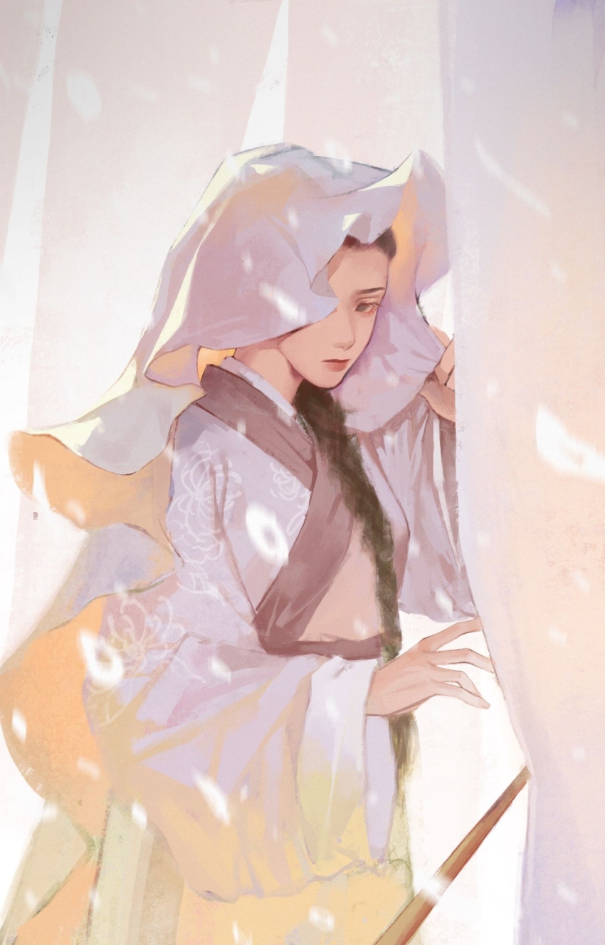 1girl, backlighting, black_hair, braid, braided_ponytail, breasts, chinese_clothes, closed_mouth, cowboy_shot, curtains, day, grey_robe, hair_over_shoulder, hair_pulled_back, hand_up, hanfu, highres, long_hair, long_sleeves, looking_at_viewer, motion_blur, one_eye_covered, jiangnan_baijingtu, robe, sash, shen_wanqian, single_braid, small_breasts, solo, sunlight, veil, very_long_hair, wide_sleeves, yelinzuoyonghougongsanqian