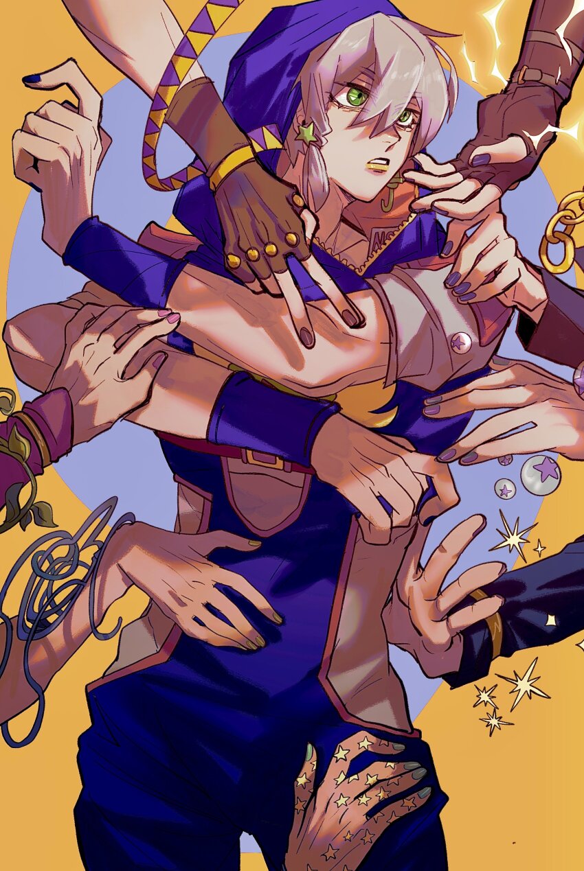 1girl, absurdres, braid, earrings, giorno_giovanna, green_eyes, green_lips, grey_hair, hamon_(jojo), higashikata_josuke, higashikata_josuke_(jojolion), highres, hood, hood_up, jewelry, jodio_joestar, johnny_joestar, jojo's_bizarre_adventure, jojo_no_kimyou_na_bouken, jonathan_joestar, joseph_joestar, joseph_joestar_(young), kuujou_jolyne, kuujou_joutarou, multiple_boys, nail_polish, out_of_frame, parted_lips, side_braid, single_braid, solo_focus, star_(symbol), swampland, the_jojolands, upper_body, yellow_background