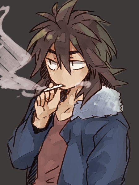 1boy, blue_jacket, brown_hair, cigarette, commentary_request, eyebrows_hidden_by_hair, fur-trimmed_jacket, fur_trim, grey_background, hair_between_eyes, holding, holding_cigarette, honey-cassis, isoi_reiji, jacket, long_sleeves, male_focus, medium_hair, open_clothes, open_jacket, red_shirt, saibou_shinkyoku, shirt, sketch, smoke, smoking, solo, thick_eyebrows, upper_body