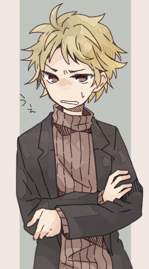 1boy, atou_haruki, black_jacket, blonde_hair, brown_eyes, brown_sweater, clenched_teeth, commentary_request