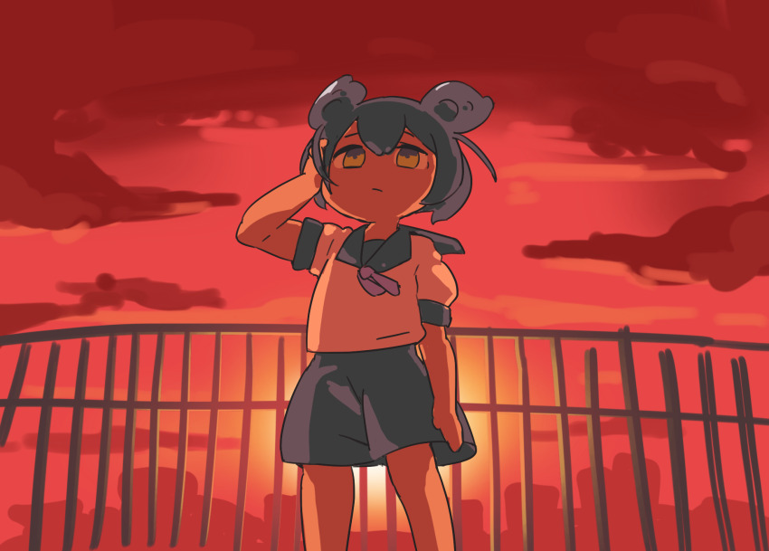 1girl, alternate_hair_color, arm_at_side, backlighting, blue_eyes, blue_hair, blue_sailor_collar, blue_shorts