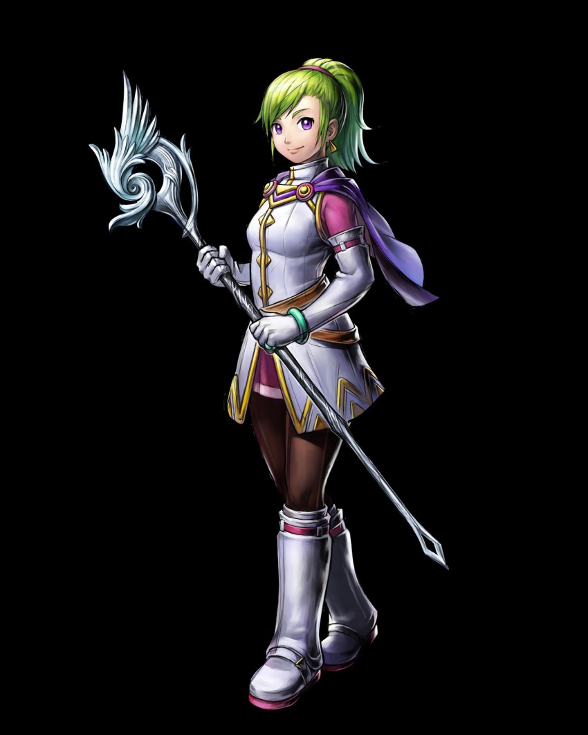 1girl, boots, camelot, capelet, elbow_gloves, female_focus, full_body, gloves, golden_sun, golden_sun:_dark_dawn, green_hair, highres, karis_(golden_sun), official_art, pantyhose, ponytail, purple_eyes, solo, staff, standing, transparent_background, white_boots