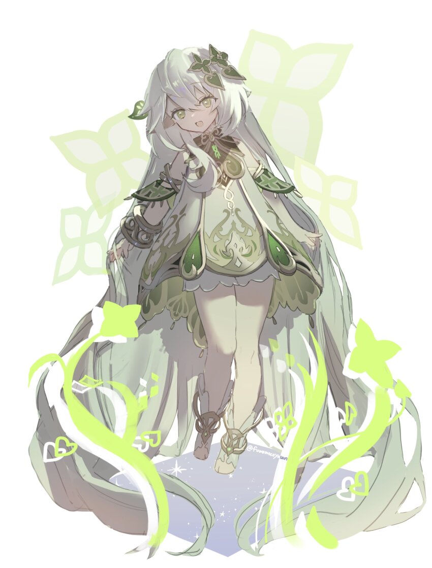 1girl, absurdres, alternate_hair_length, alternate_hairstyle, artist_name, bare_shoulders, bloomers, boots, bracelet, commentary_request, cross-shaped_pupils, detached_sleeves, dress, flying, full_body, fuwamocoyasan, genshin_impact, gold_bracelet, green_eyes, green_hair, grey_boots, grey_dress, grey_hair, hair_between_eyes, hair_ornament, heart, heart_hair_ornament, highres, jewelry, leaf, leaf_hair_ornament, long_hair, looking_at_viewer, mandarin_collar, multicolored_hair, nahida_(genshin_impact), open_mouth, pointy_ears, shadow, short_sleeves, smile, solo, sparkle, star_(symbol), symbol-shaped_pupils, two-tone_hair, underwear, vision_(genshin_impact)