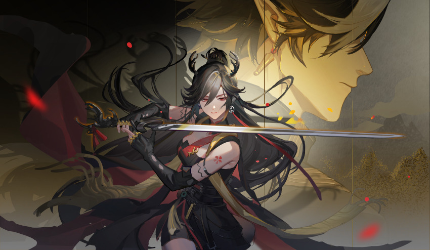 1boy, 1girl, animal_ears, antlers, arknights, black_collar, black_dress, black_gloves, black_hair, chinese_commentary, chongyue_(arknights), closed_mouth, collar, commentary_request, deer_ears, dress, earrings, ecrsin, elbow_gloves, fingerless_gloves, floating_hair, gloves, hair_between_eyes, highres, holding, holding_sword, holding_weapon, horns, jewelry, lips, long_hair, looking_at_object, pointy_ears, qiu_bai_(arknights), red_eyes, short_hair, sleeveless, sleeveless_dress, sword, very_long_hair, weapon