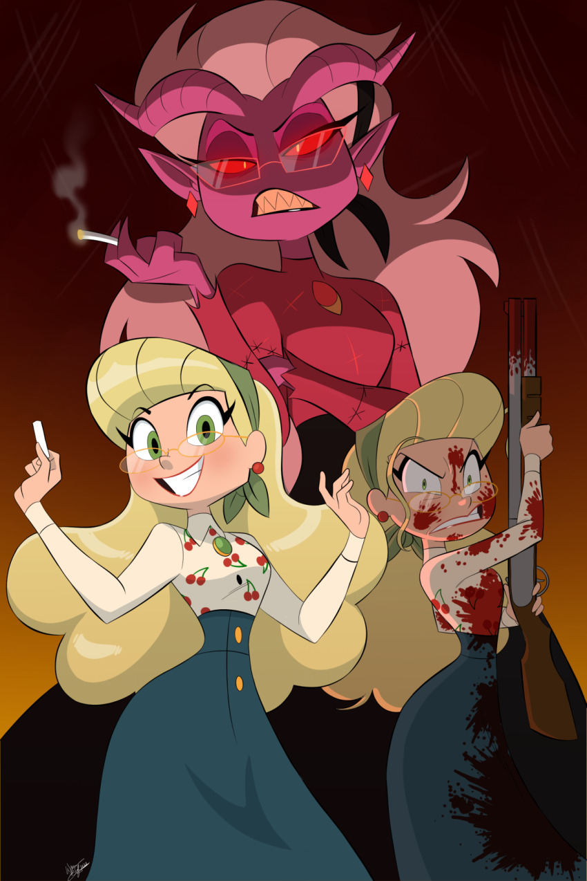 1girl, black_headwear, black_lips, blonde_hair, blood, blood_on_clothes, blood_on_face, bloody_weapon, blue_skirt, brooch, chalk, cherry_print, cigar, clenched_teeth, colored_sclera, colored_skin, demon, demon_girl, demon_horns, earrings, eyeliner, food_print, fruit_print, green_eyes, green_headwear, gun, headband, hellaverse, helluva_boss, highres, horns, jewelry, long_hair, long_sleeves, looking_at_viewer, makeup, mrs._mayberry, pointy_ears, purple_skin, red-framed_eyewear, red_eyes, red_sclera, red_shirt, sharp_teeth, shirt, shotgun, skirt, teacher, teeth, torn_sleeve, warren_blakely, weapon, white_hair, yellow-framed_eyewear, yellow_pupils