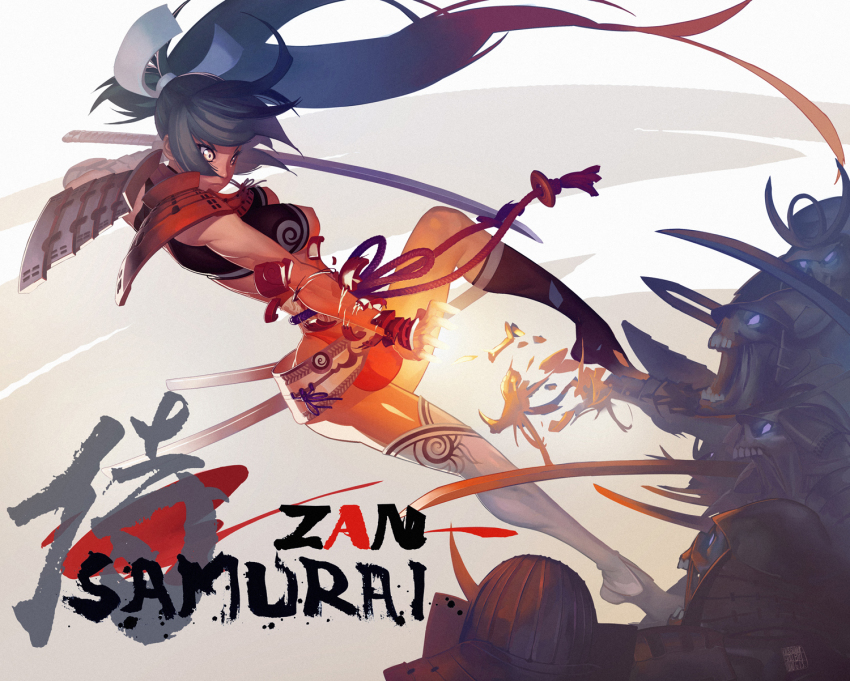 1girl, armor, ass, asymmetrical_legwear, attack, battle, black_hair, blue_eyes