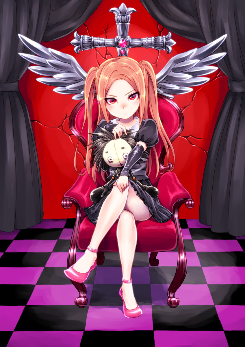 1girl, bemani, black_dress, blush, brown_eyes, brown_hair, checkered_floor, crack, cracked_wall, cross, crossed_legs, curtains, doll, dress, earrings, highres, jewelry, long_hair, lotte_(pop'n_music), ouhashi_(yumenosukima), pink_shoes, pop'n_music, puffy_short_sleeves, puffy_sleeves, shoes, short_sleeves, sitting, solo