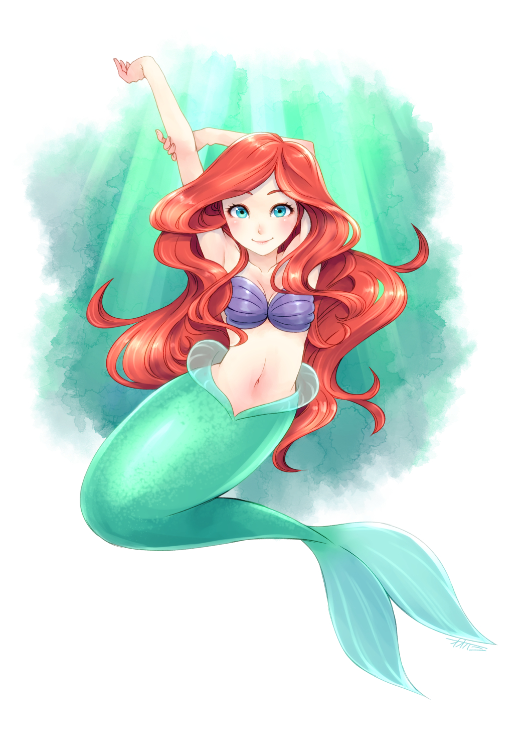 1girl, animification, ariel_(disney), arm_up, bikini, blue_eyes, blush, eyelashes