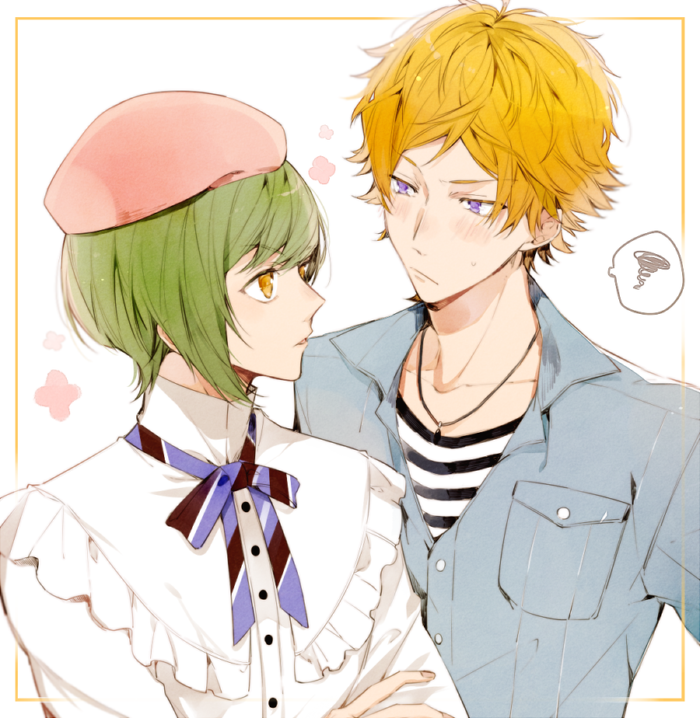 2boys, 5574iahu, androgynous, blonde_hair, blush, closed_mouth, collar_x_malice, crossed_arms