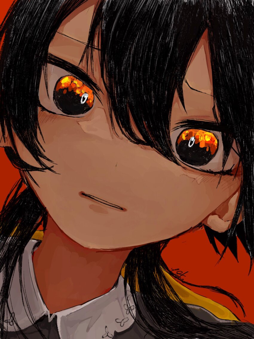 1girl, apricot_(vocaloid), black_dress, black_eyes, black_hair, clenched_teeth, collared_shirt, dot_nose