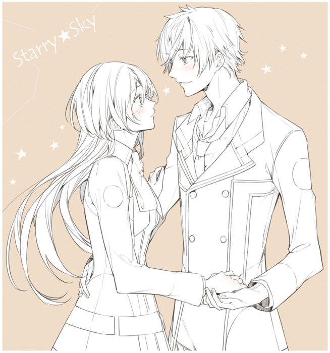 1boy, 1girl, 5574iahu, blush, border, closed_mouth, copyright_name, hetero