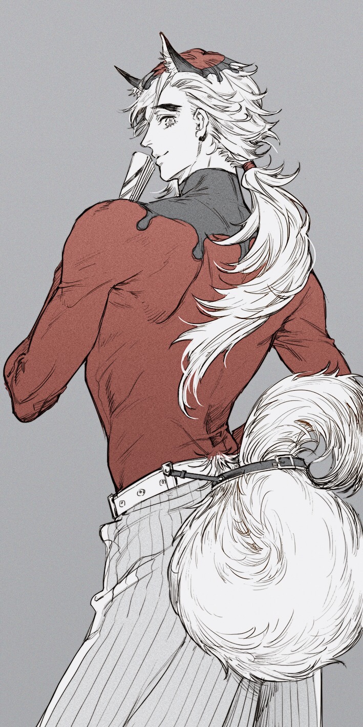 1boy, alternate_hairstyle, animal_ear_fluff, animal_ears, belt, black_hair, chiamo_(lmc_clm), closed_mouth