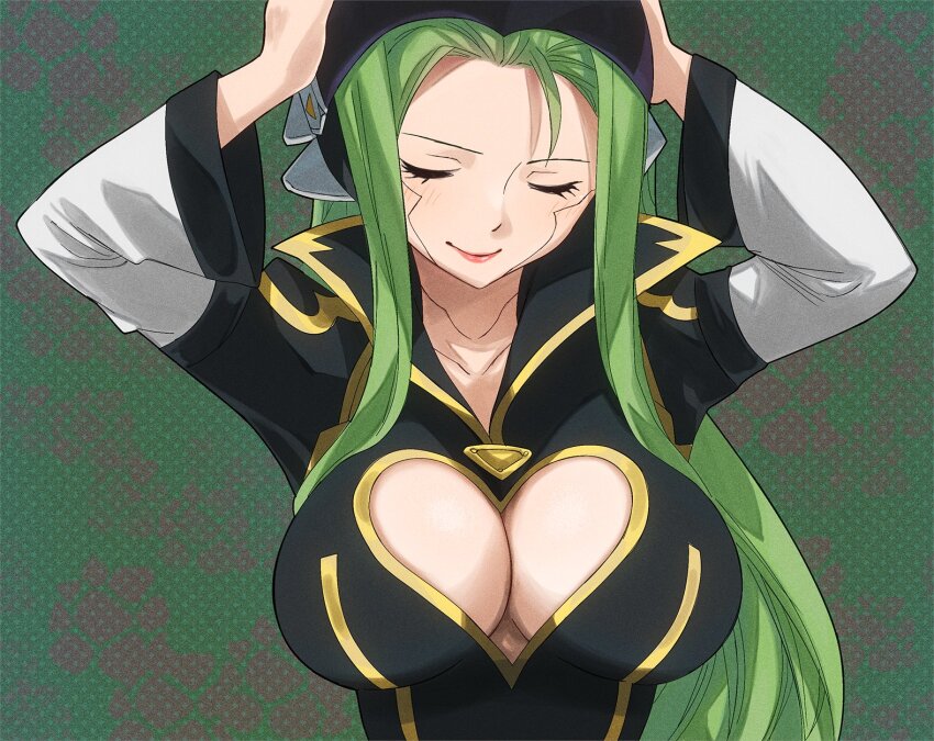 1girl, breasts, cleavage, closed_eyes, colorized, eden's_zero, gaston18, green_hair