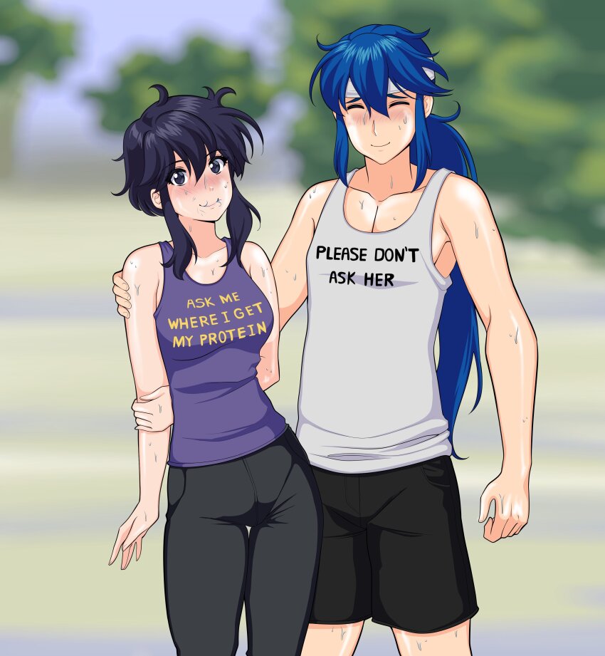 1boy, 1girl, absurdres, after_fellatio, black_hair, blue_hair, blush, closed_eyes, closed_mouth, clothes_writing, commission, commissioner_upload, couple, fire_emblem, fire_emblem:_genealogy_of_the_holy_war, fire_emblem_heroes, grin, hand_on_another's_shoulder, headband, highres, larcei_(fire_emblem), long_hair, looking_at_viewer, male_pubic_hair, messy_hair, nintendo, ponytail, pubic_hair, rs40uchiha, seliph_(fire_emblem), short_hair, simple_background, smile, stray_pubic_hair, sweat, sweatdrop, workout_clothes